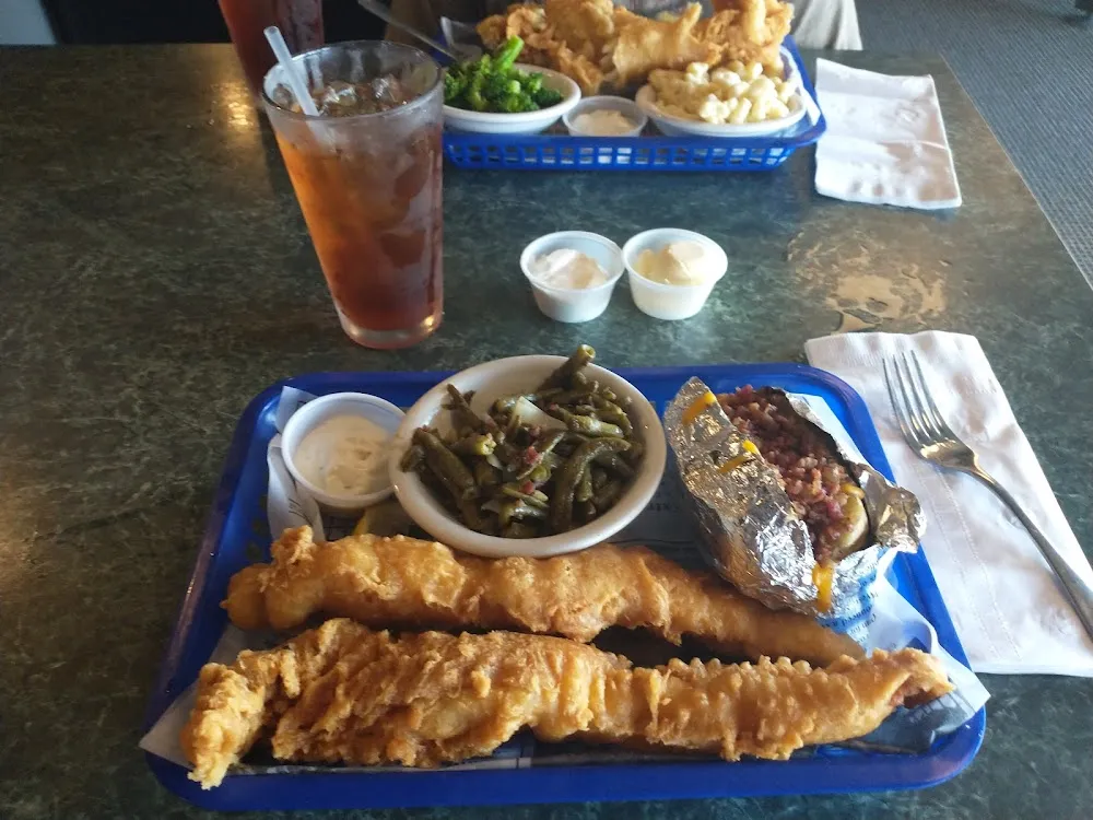 Beer Battered Walleye Dinner with Fully Loaded Baked Potato Green Beans and a Sweet Tea